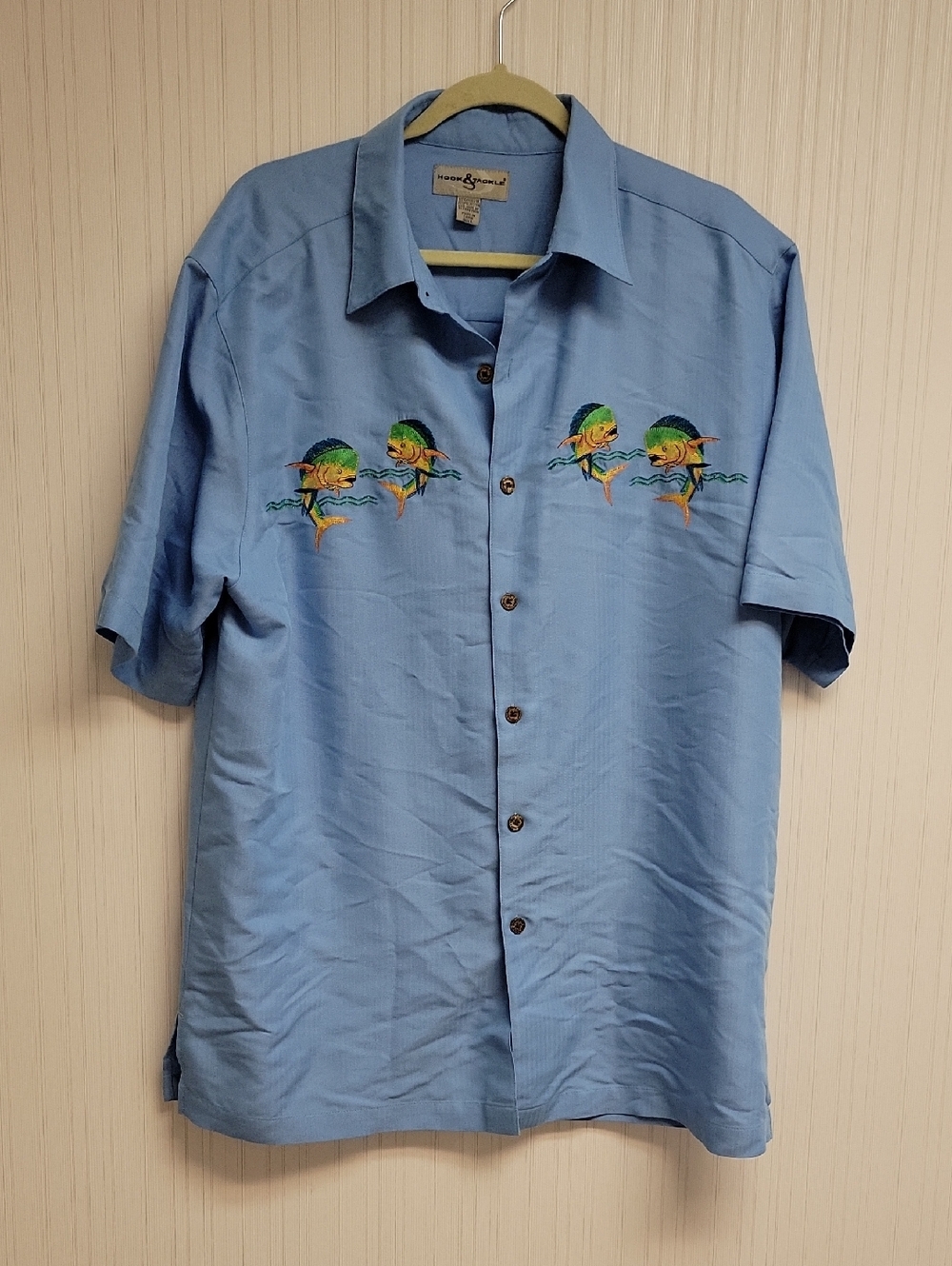 Hook & Tackle Light Blue Short-Sleeve Embroidered Casual Shirt Large Summer